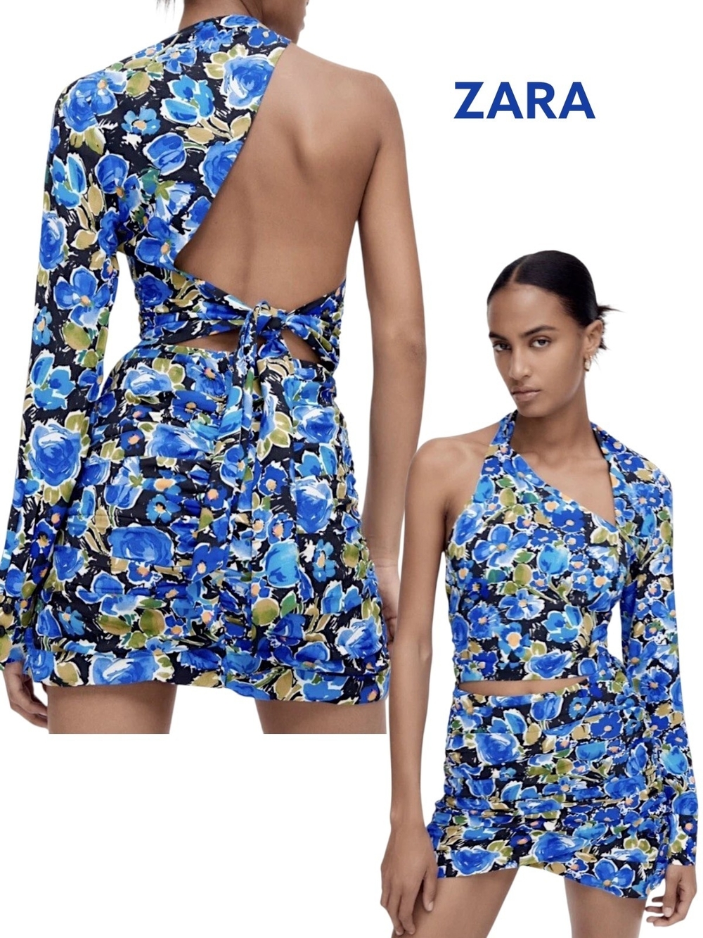 Zara Blue Floral One-Shoulder Asymmetrical Crop Top - LARGE